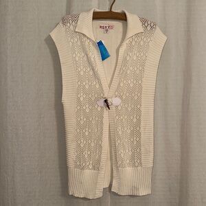 Roxy 8 Ivory Eyelet Rubbed Combo Knit One Button Front Long Sweater Vest
